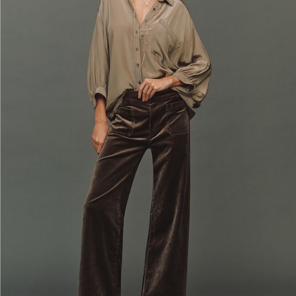 Anthropologie Maeve Colette Velvet Full Length  Wide Pants - Army/Mushroom